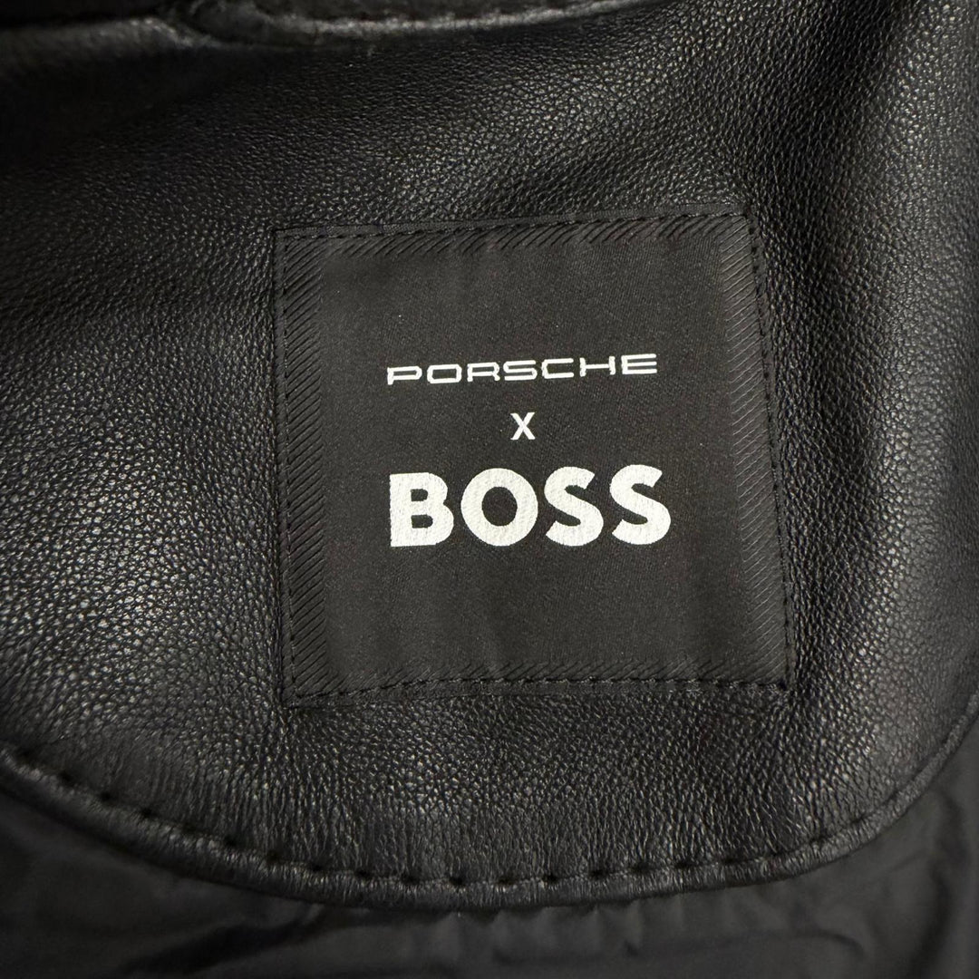 Excellent BOSS PORSCHE leather jacket Neat Ps Stand Collar Rider Jacket black