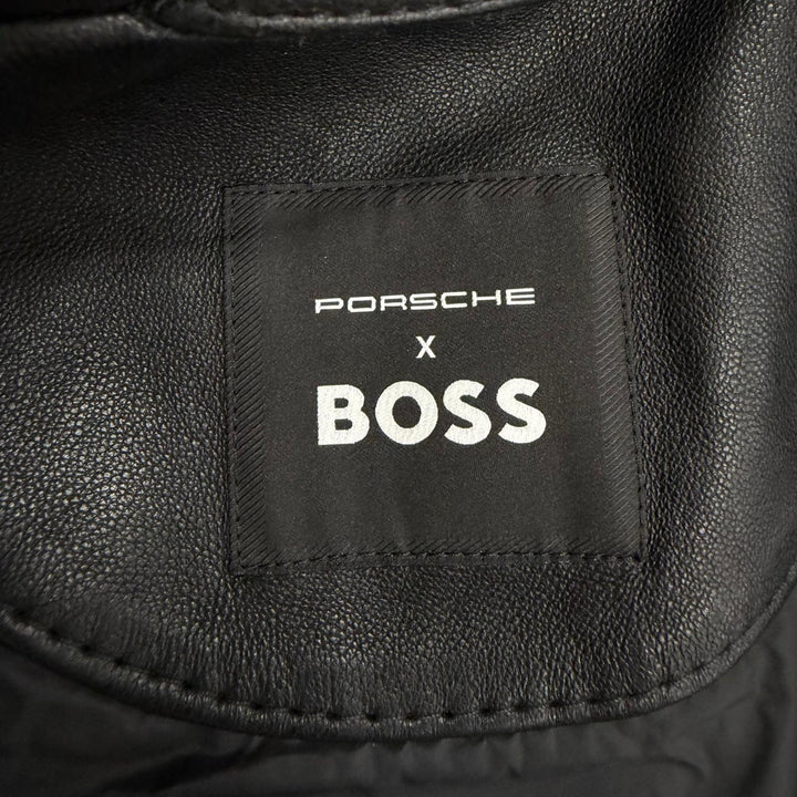 Excellent BOSS PORSCHE leather jacket Neat Ps Stand Collar Rider Jacket black