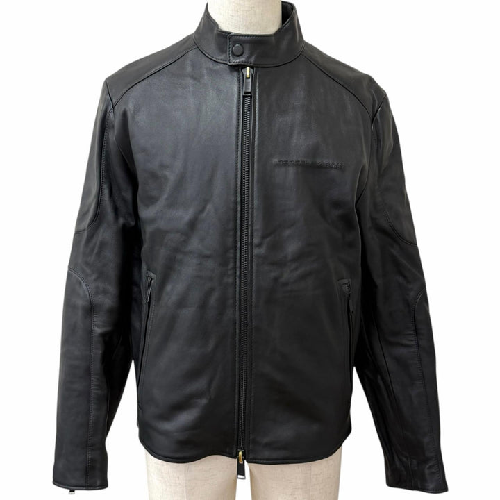 Excellent BOSS PORSCHE leather jacket Neat Ps Stand Collar Rider Jacket black