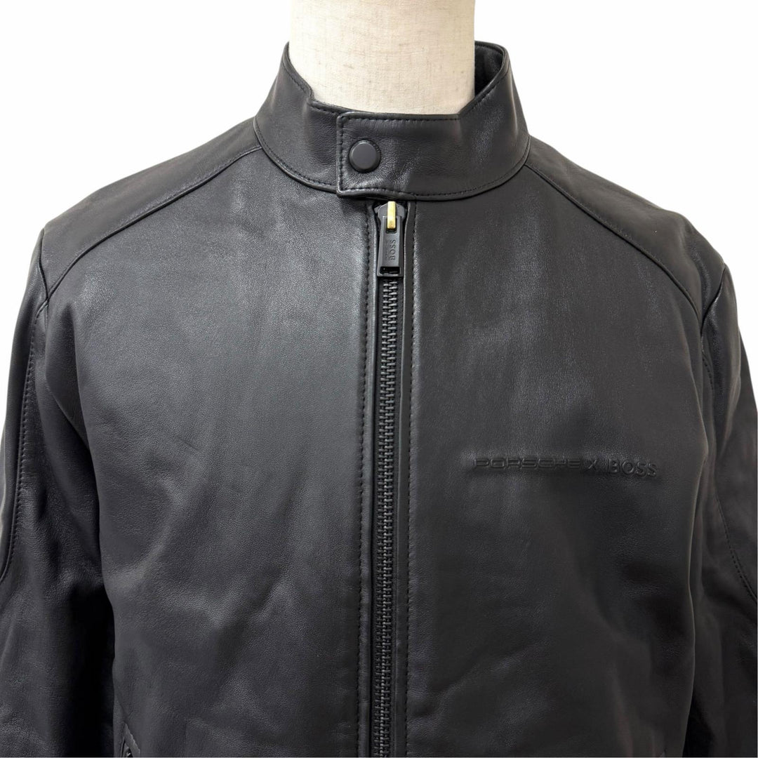 Excellent BOSS PORSCHE leather jacket Neat Ps Stand Collar Rider Jacket black