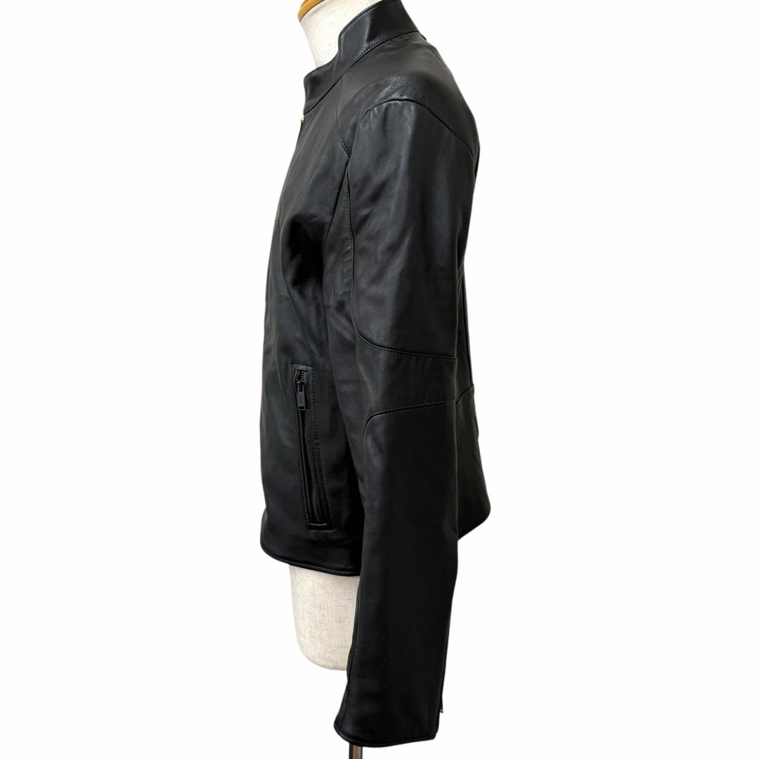 Excellent BOSS PORSCHE leather jacket Neat Ps Stand Collar Rider Jacket black