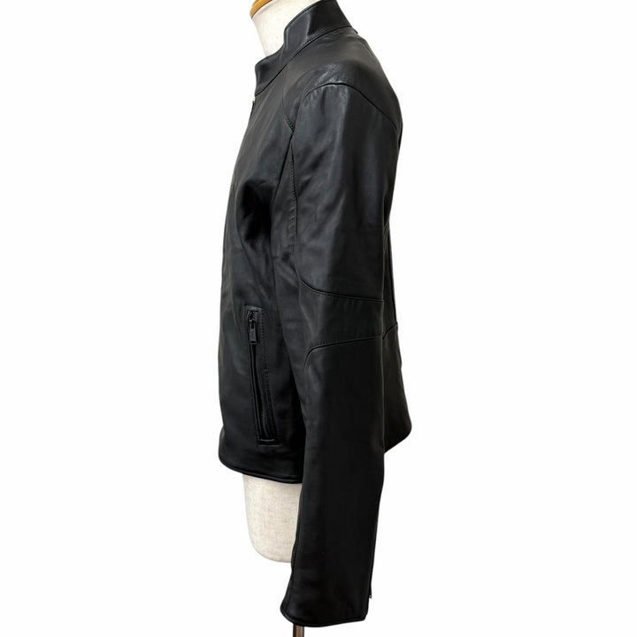 Excellent BOSS PORSCHE leather jacket Neat Ps Stand Collar Rider Jacket black