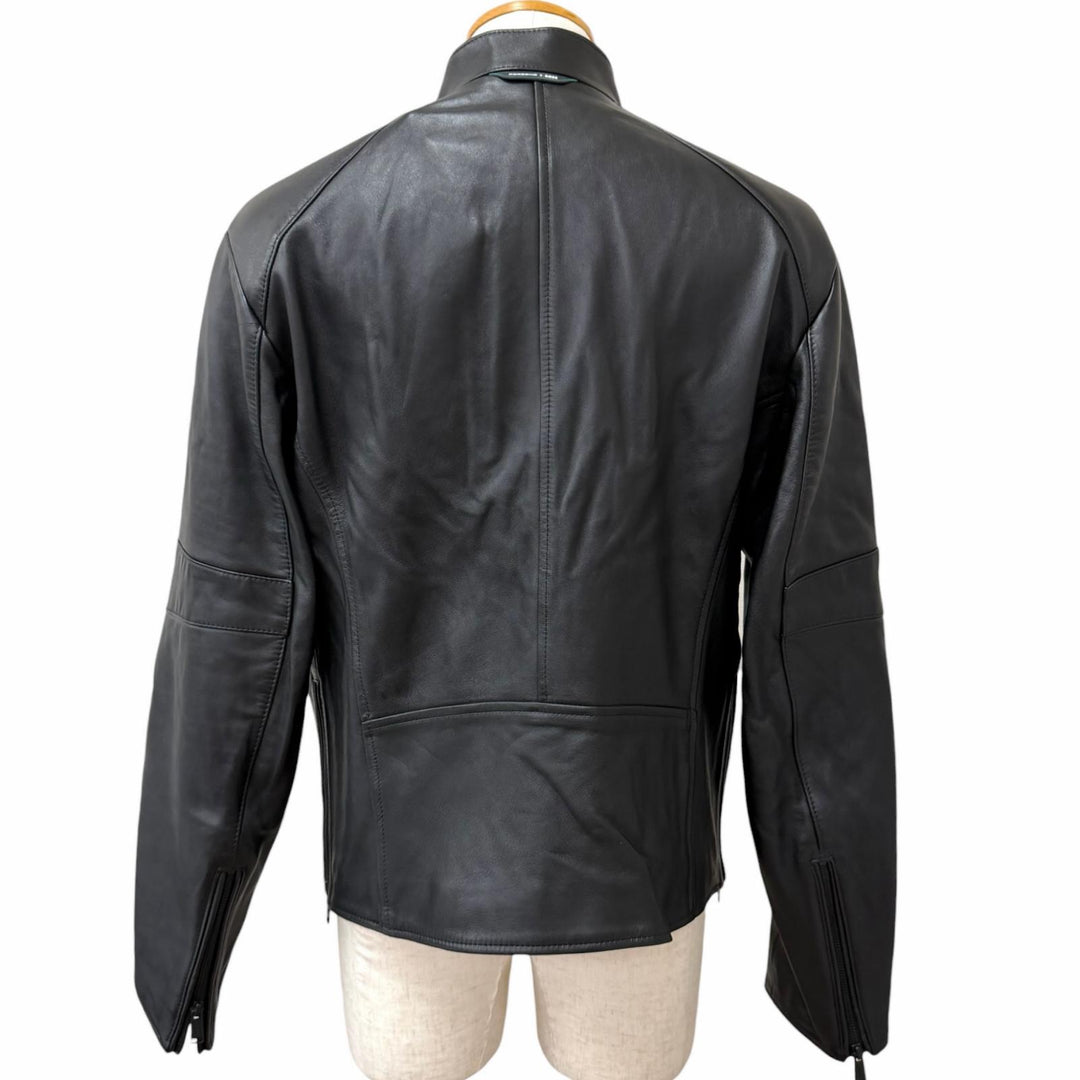 Excellent BOSS PORSCHE leather jacket Neat Ps Stand Collar Rider Jacket black