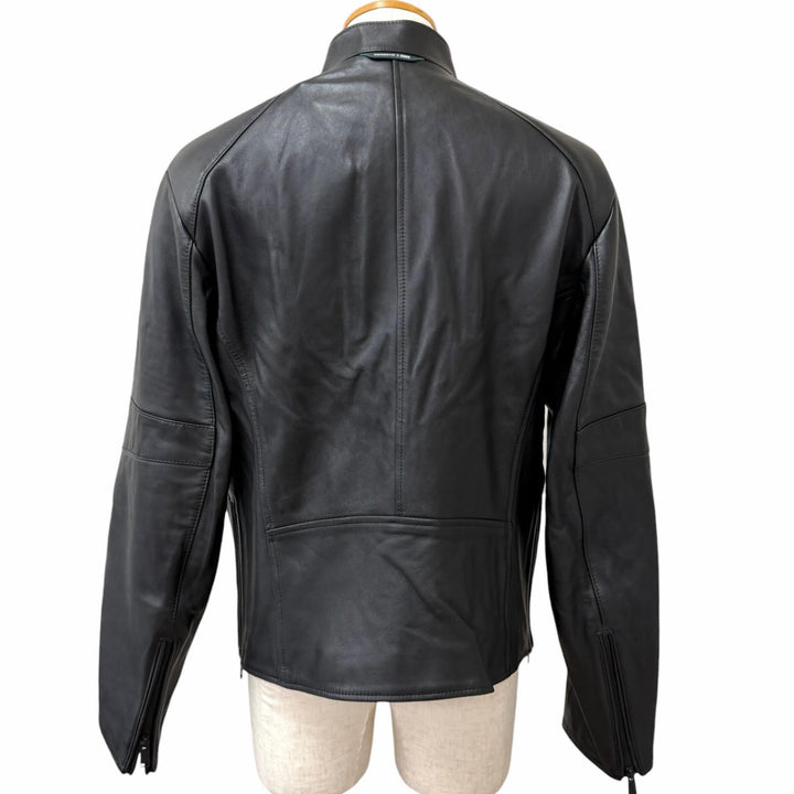 Excellent BOSS PORSCHE leather jacket Neat Ps Stand Collar Rider Jacket black