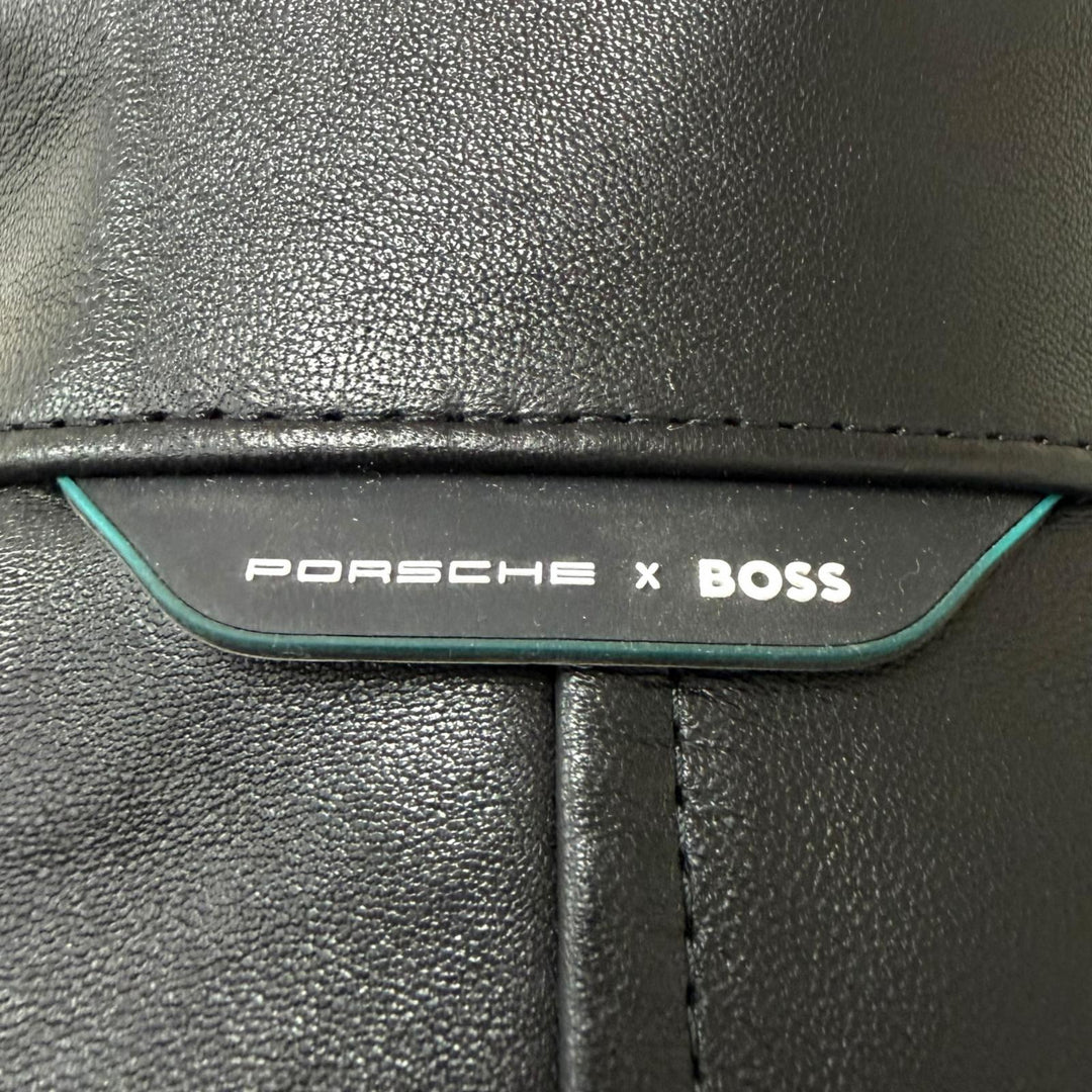 Excellent BOSS PORSCHE leather jacket Neat Ps Stand Collar Rider Jacket black