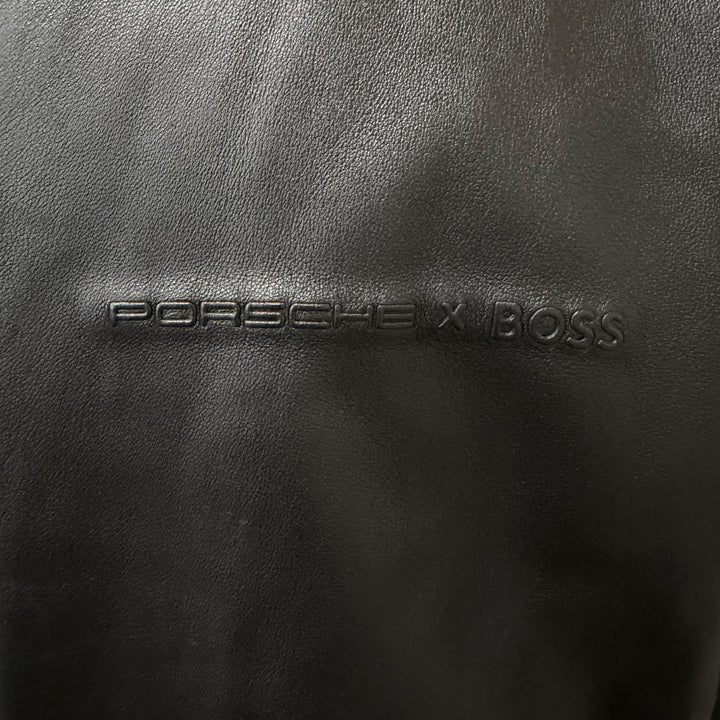 Excellent BOSS PORSCHE leather jacket Neat Ps Stand Collar Rider Jacket black