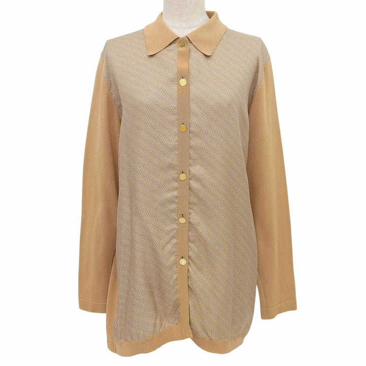 Excellent HERMES blouse H-pattern Serie button knit shirt light brown silk 40