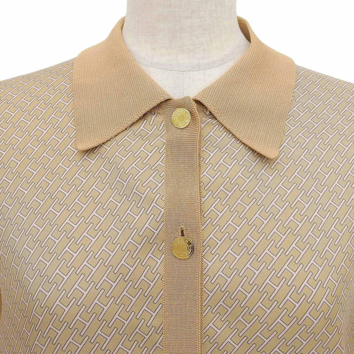 Excellent HERMES blouse H-pattern Serie button knit shirt light brown silk 40