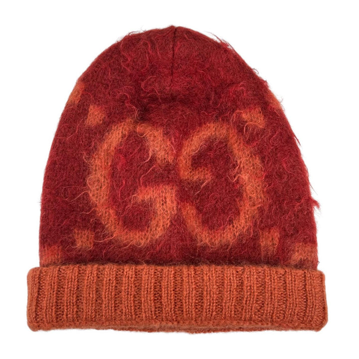 Excellent GUCCI Knit cap Big GGPattern knit hat Orange mohair mens M 638679