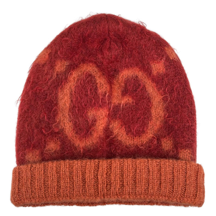 Excellent GUCCI Knit cap Big GGPattern knit hat Orange mohair mens M 638679