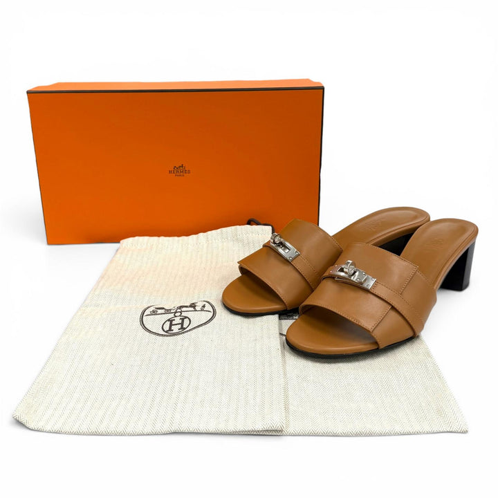 Excellent HERMES Sandals Gigi Kelly Metal Chunky Heel Leather leather 39 231063Z