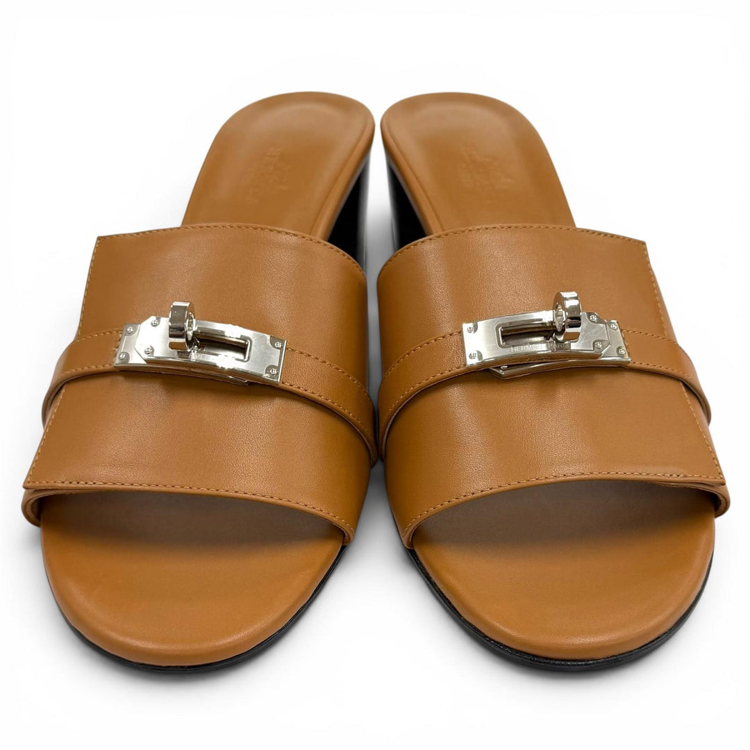 Excellent HERMES Sandals Gigi Kelly Metal Chunky Heel Leather leather 39 231063Z