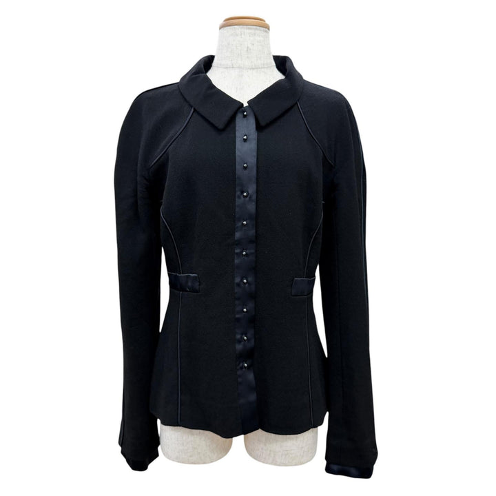 Great CHANEL Jacket COCO Mark satin piping black wool Women 40 02A P19727