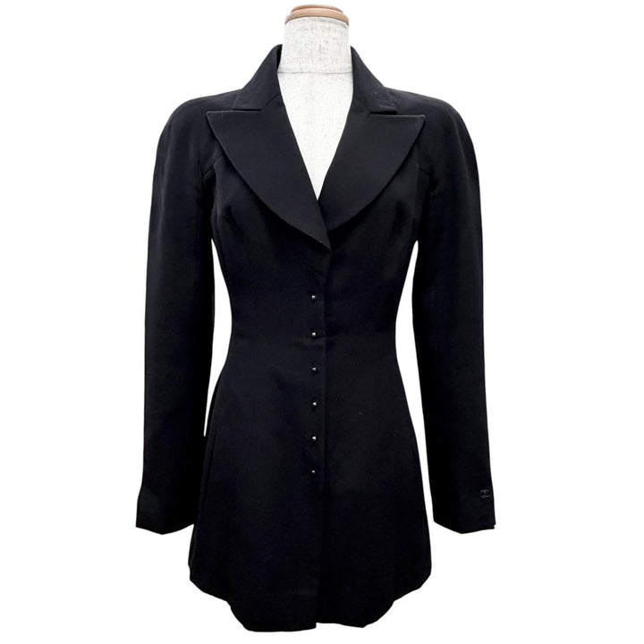 Very Good CHANEL Jacket COCO Mark Tack Button Peaked Lapel black 34 02A P19771