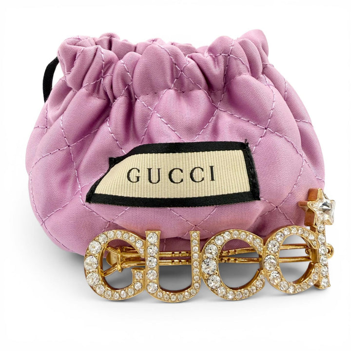 Great GUCCI clip Logo design rhinestone hair accessory gold Women 729104