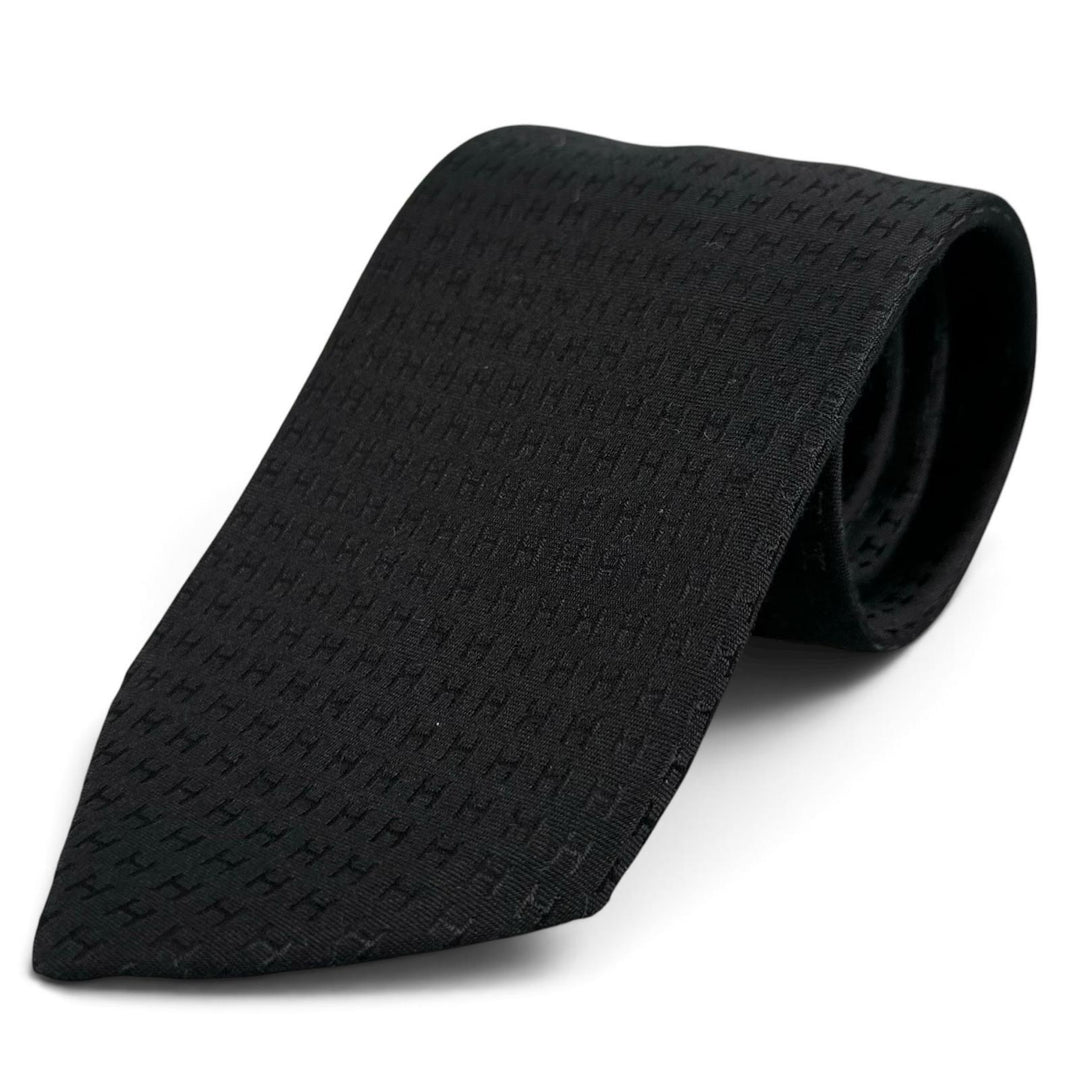 Excellent HERMES tie Fasone H H pattern black silk mens