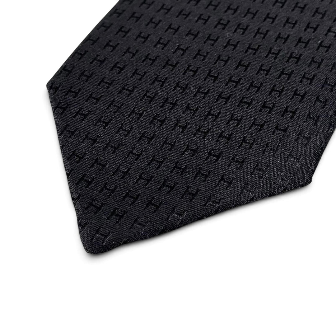 Excellent HERMES tie Fasone H H pattern black silk mens