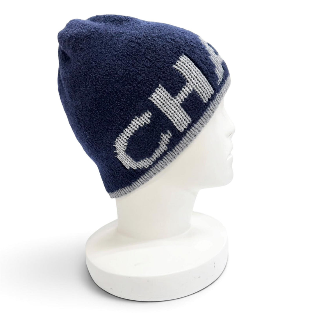 Great CHANEL Knit cap Logo design knit hat beanie Dark navy cashmere Women 21B