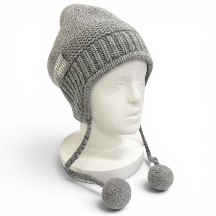 Excellent MIUMIU Knit cap Logo Pom-Pom Knit Hat gray wool Women S 5HC324