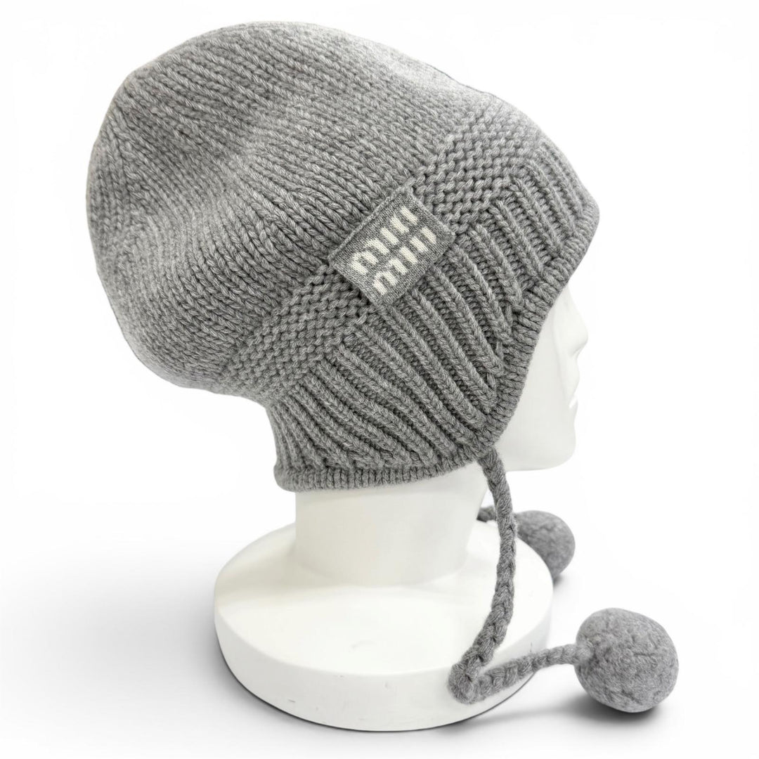 Excellent MIUMIU Knit cap Logo Pom-Pom Knit Hat gray wool Women S 5HC324