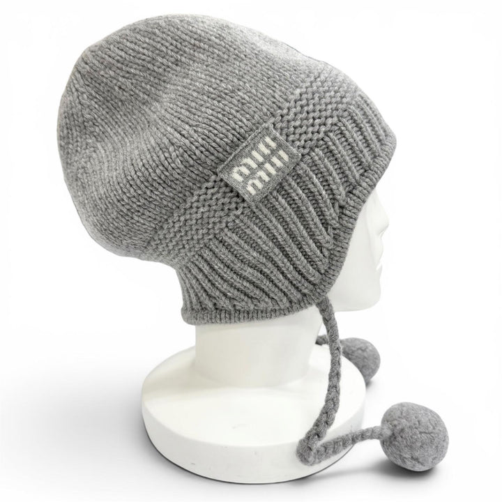 Excellent MIUMIU Knit cap Logo Pom-Pom Knit Hat gray wool Women S 5HC324