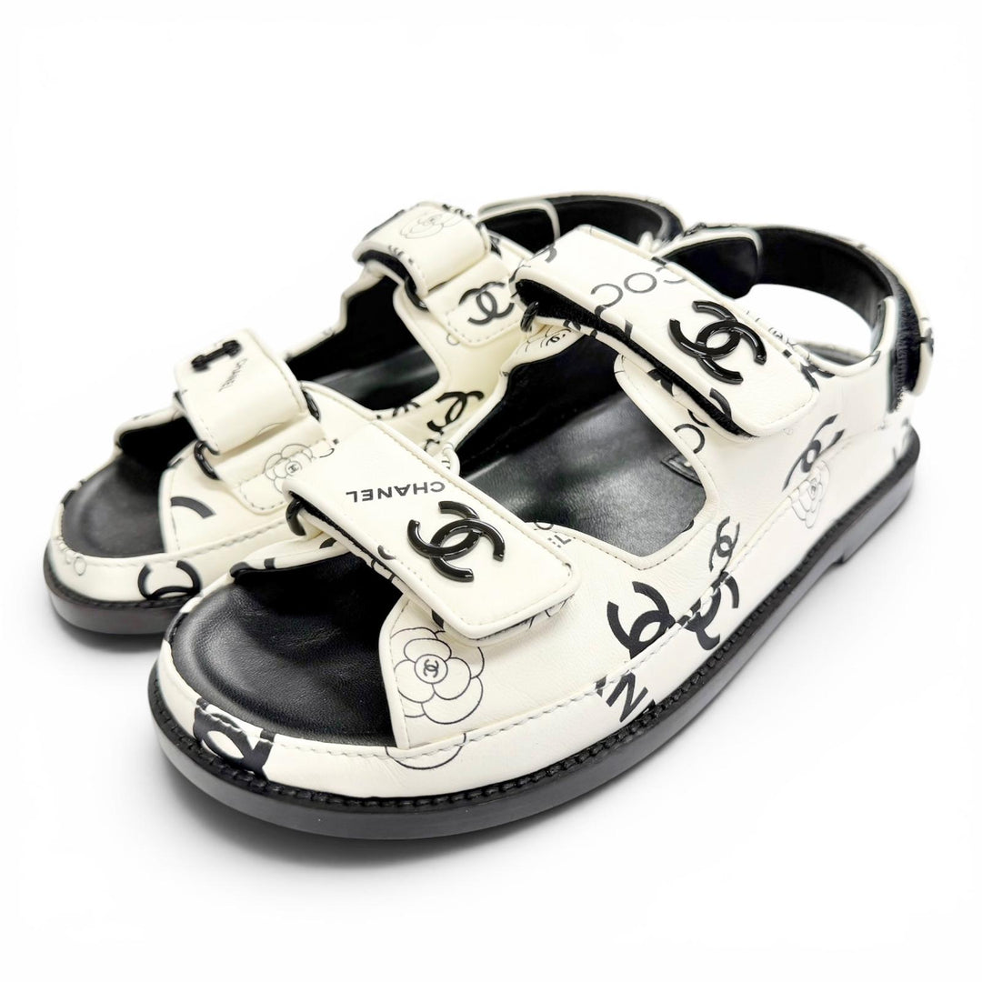 Excellent CHANEL Sandals COCO Mark Camellia Flat Leather white 36 G35927