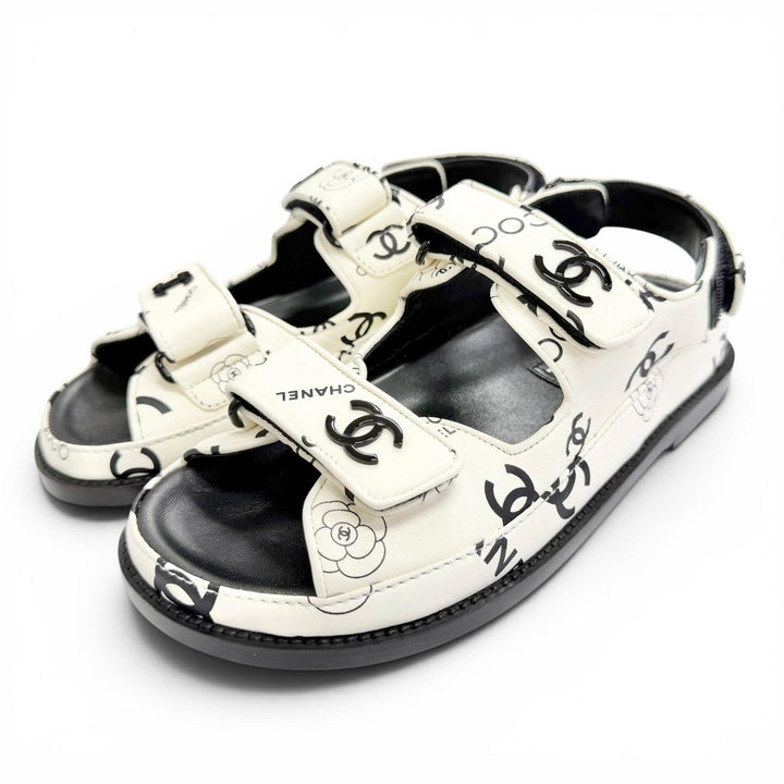 Excellent CHANEL Sandals COCO Mark Camellia Flat Leather white 36 G35927