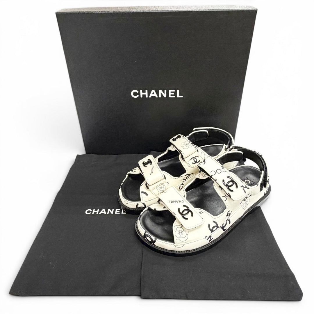 Excellent CHANEL Sandals COCO Mark Camellia Flat Leather white 36 G35927