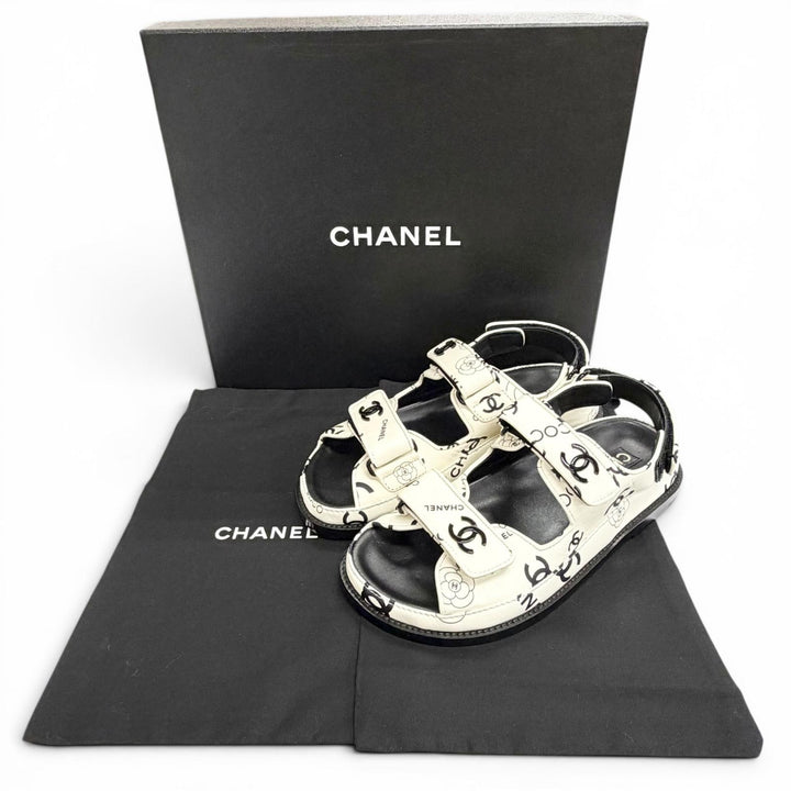 Excellent CHANEL Sandals COCO Mark Camellia Flat Leather white 36 G35927