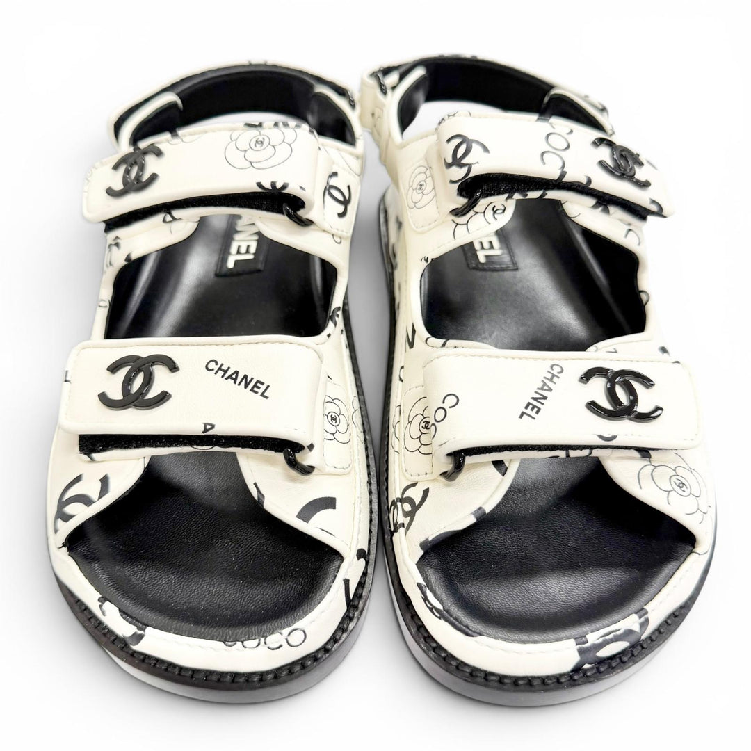 Excellent CHANEL Sandals COCO Mark Camellia Flat Leather white 36 G35927