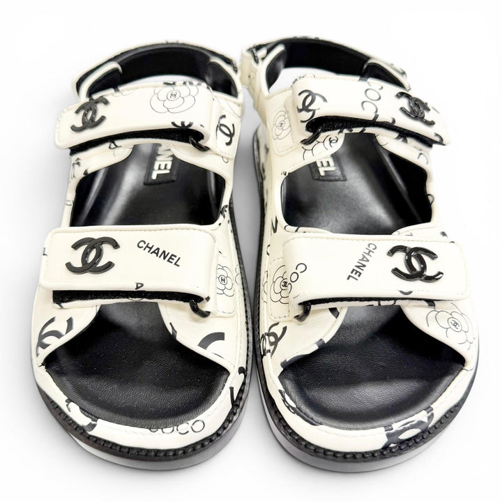 Excellent CHANEL Sandals COCO Mark Camellia Flat Leather white 36 G35927