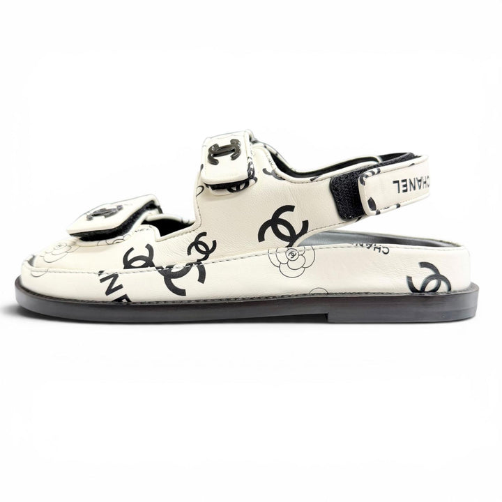 Excellent CHANEL Sandals COCO Mark Camellia Flat Leather white 36 G35927