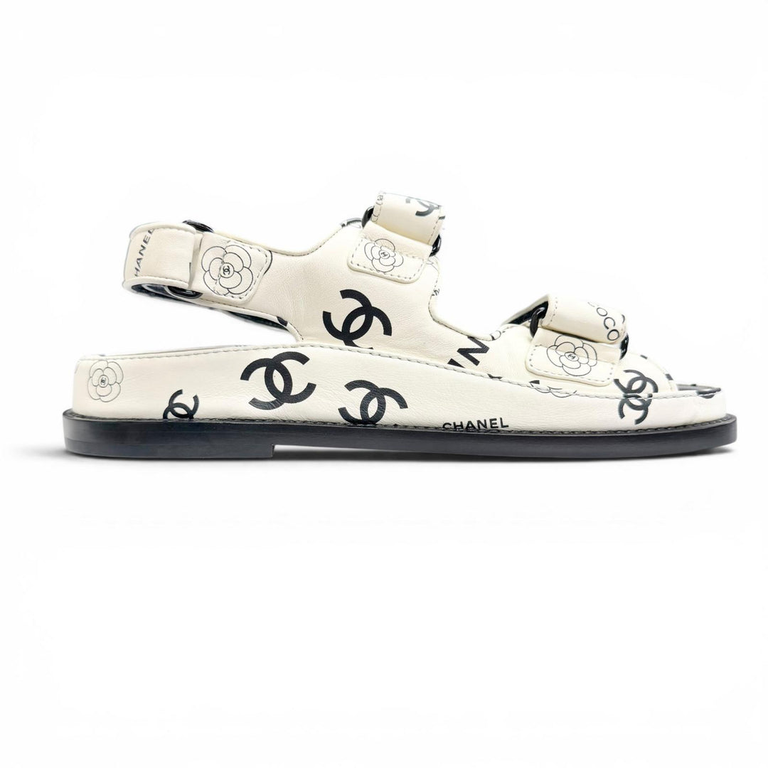 Excellent CHANEL Sandals COCO Mark Camellia Flat Leather white 36 G35927