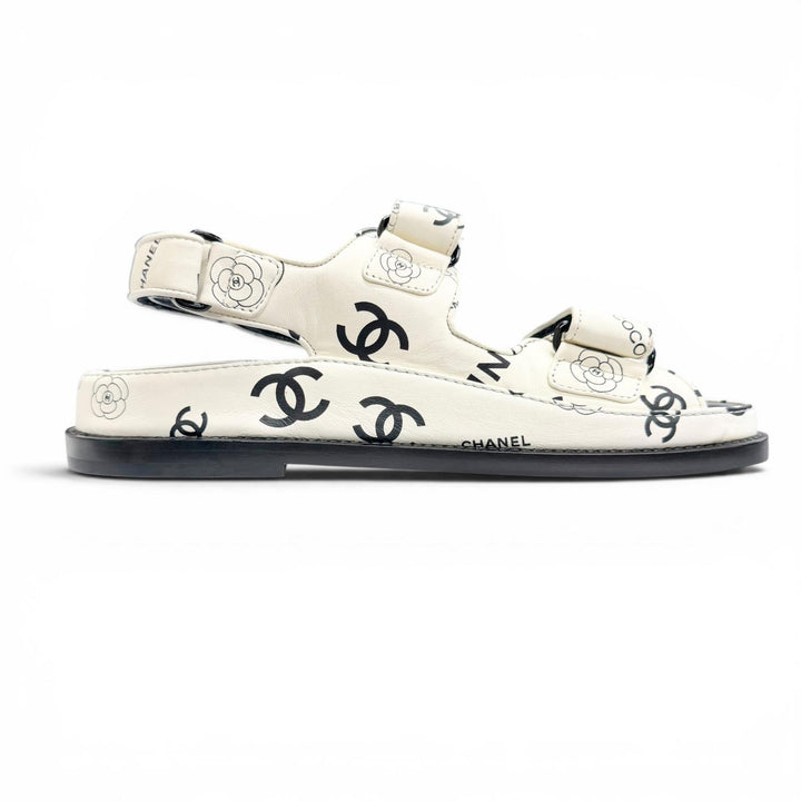 Excellent CHANEL Sandals COCO Mark Camellia Flat Leather white 36 G35927