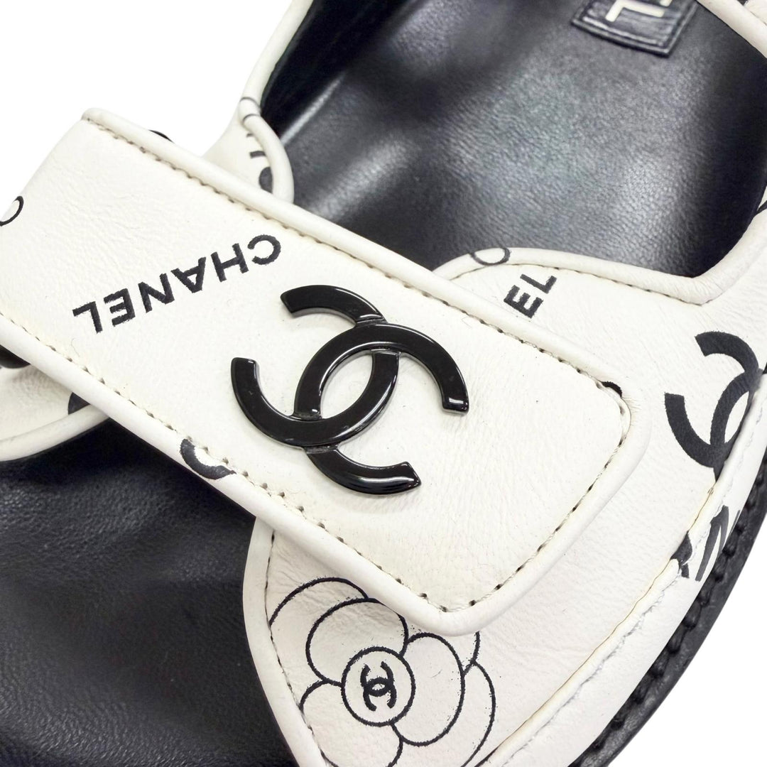Excellent CHANEL Sandals COCO Mark Camellia Flat Leather white 36 G35927