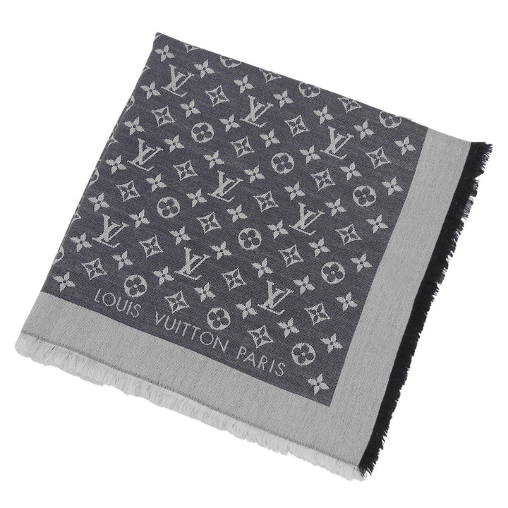 Great LOUIS VUITTON Stall Shawl monogram denim fringe gray silk Women M71378