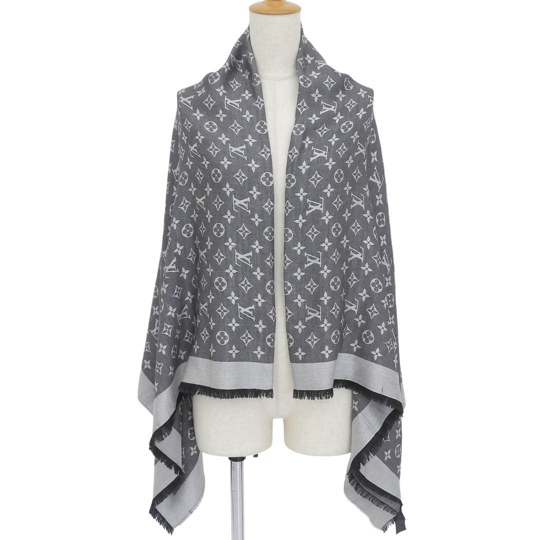 Great LOUIS VUITTON Stall Shawl monogram denim fringe gray silk Women M71378
