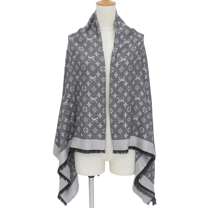 Great LOUIS VUITTON Stall Shawl monogram denim fringe gray silk Women M71378