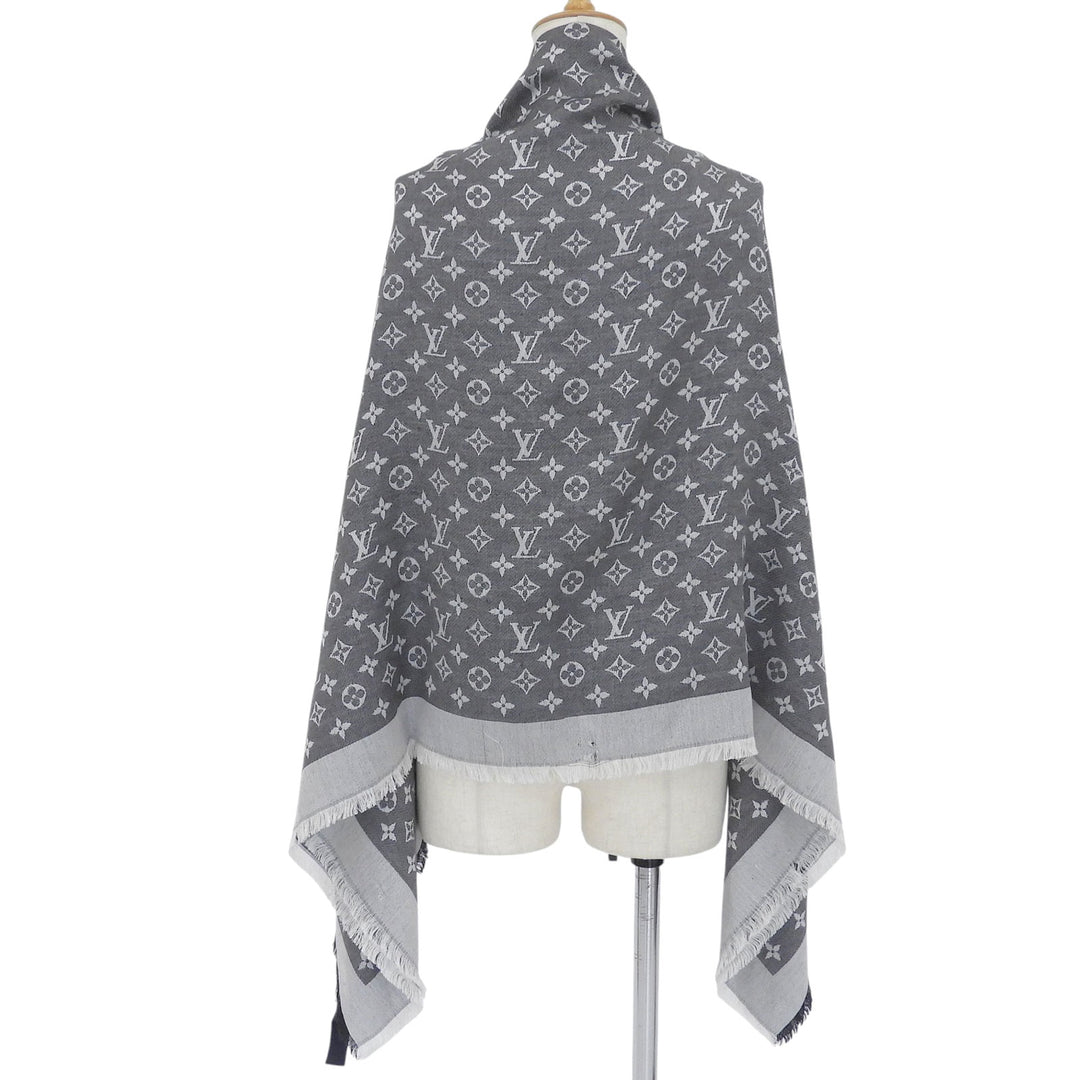 Great LOUIS VUITTON Stall Shawl monogram denim fringe gray silk Women M71378