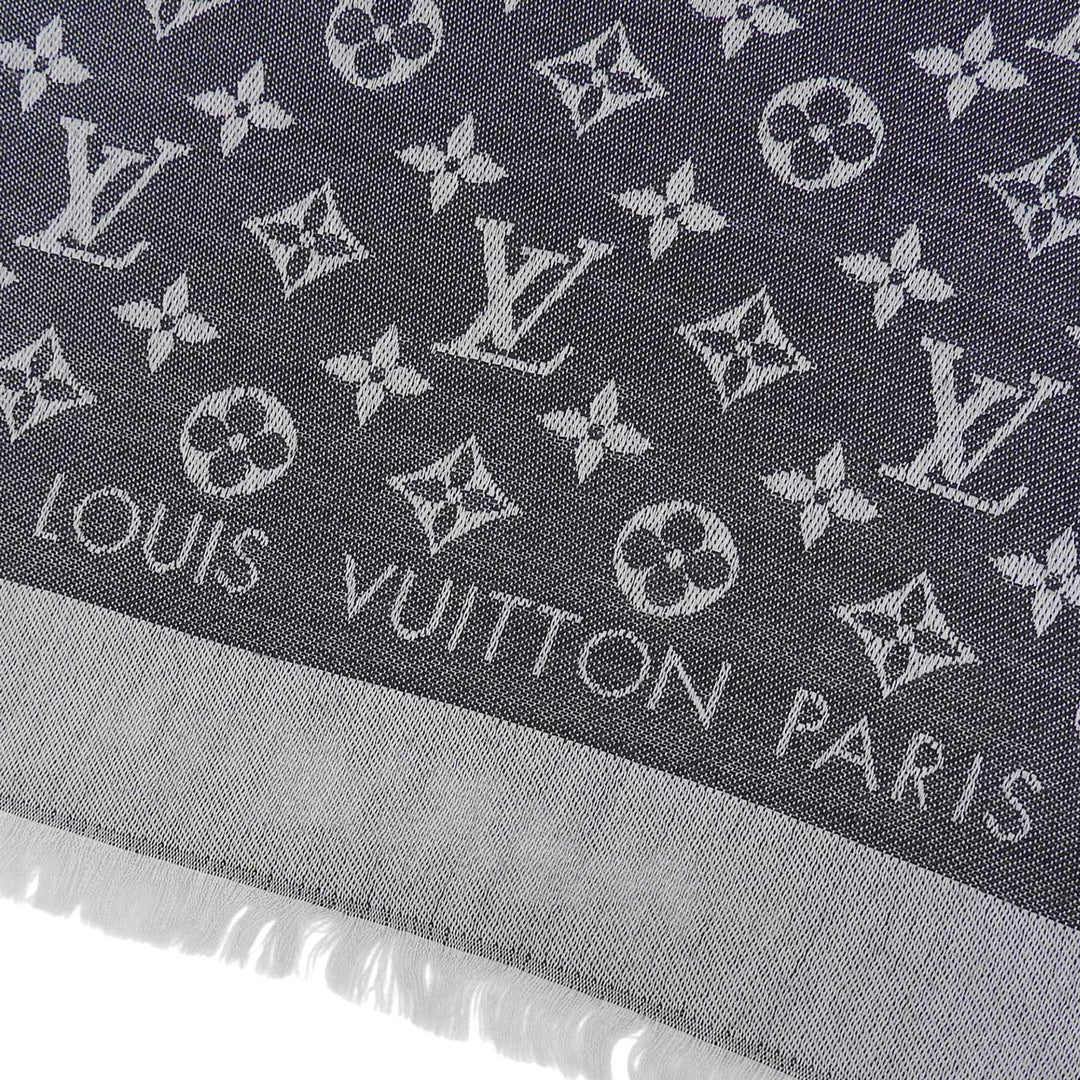 Great LOUIS VUITTON Stall Shawl monogram denim fringe gray silk Women M71378