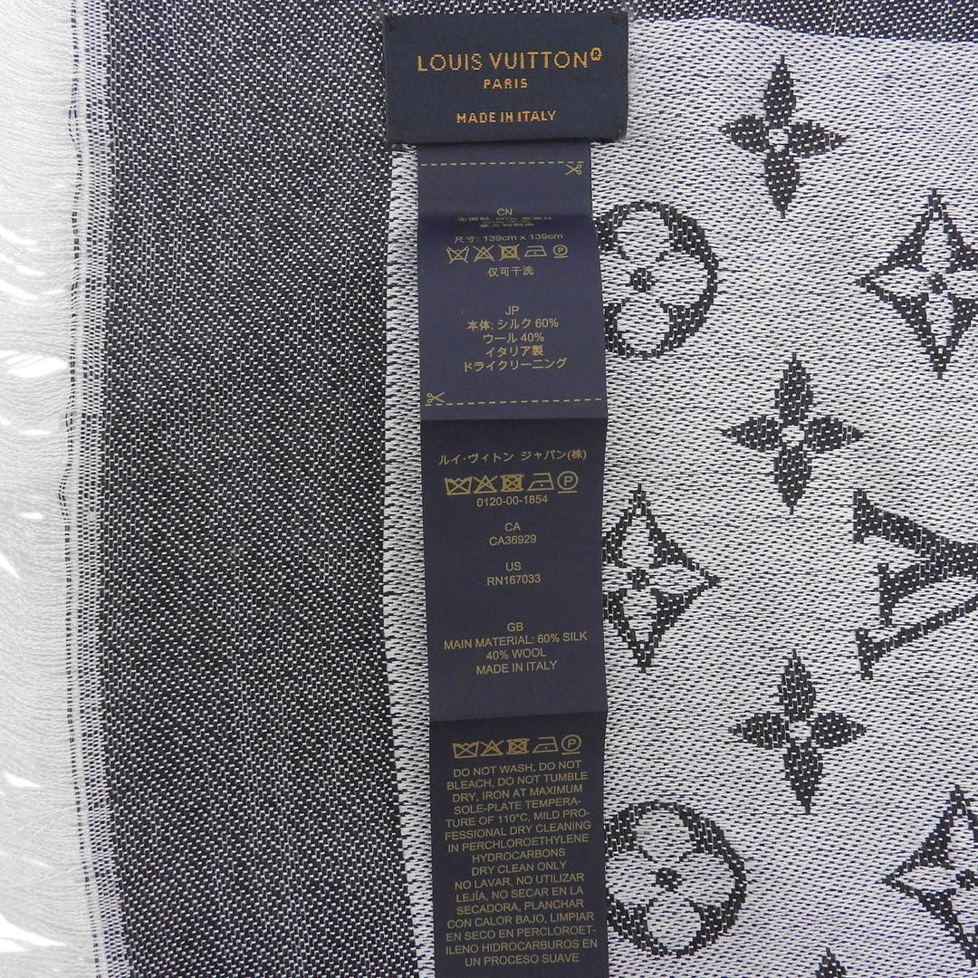 Great LOUIS VUITTON Stall Shawl monogram denim fringe gray silk Women M71378