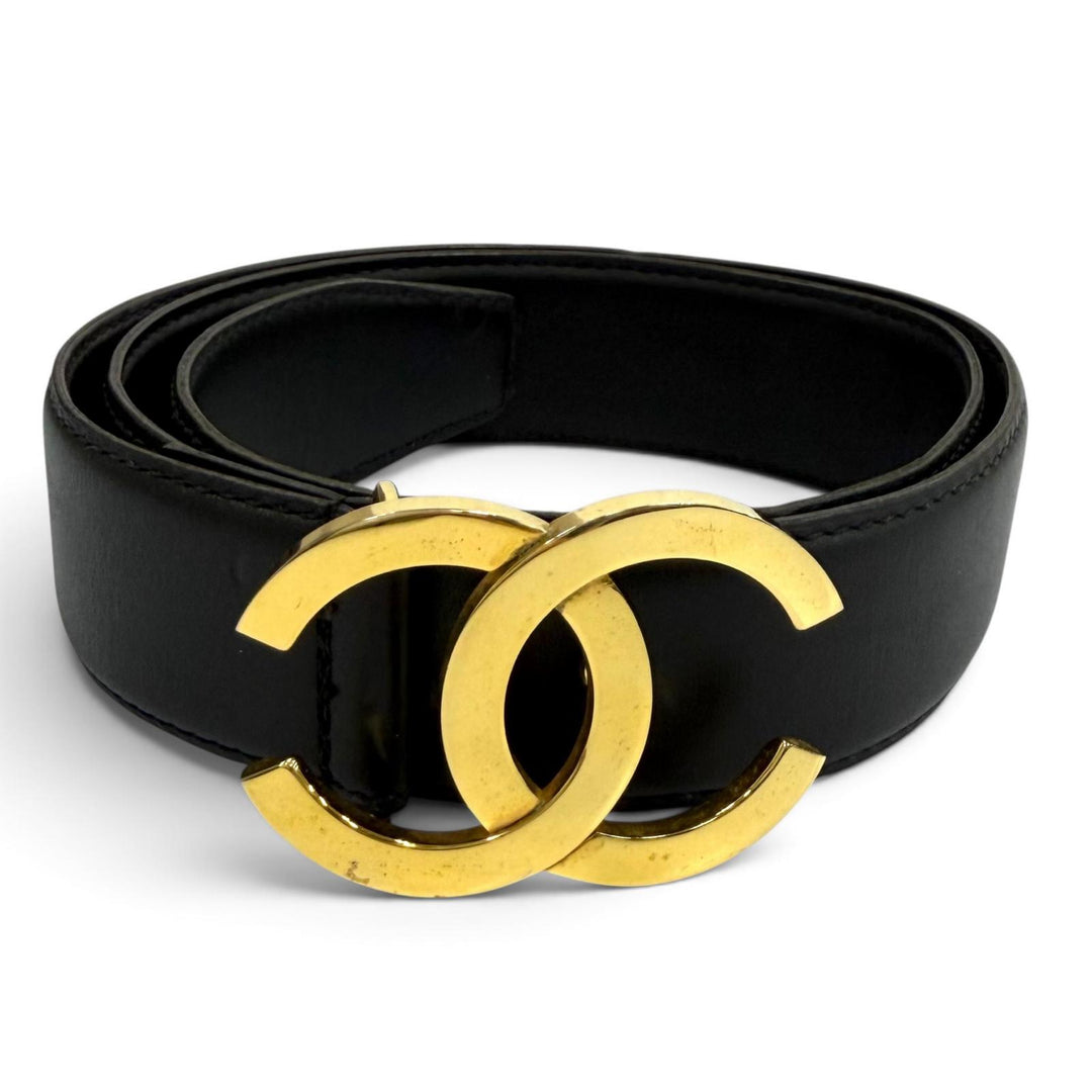 Very Good CHANEL belt COCO Mark leather black leather Women