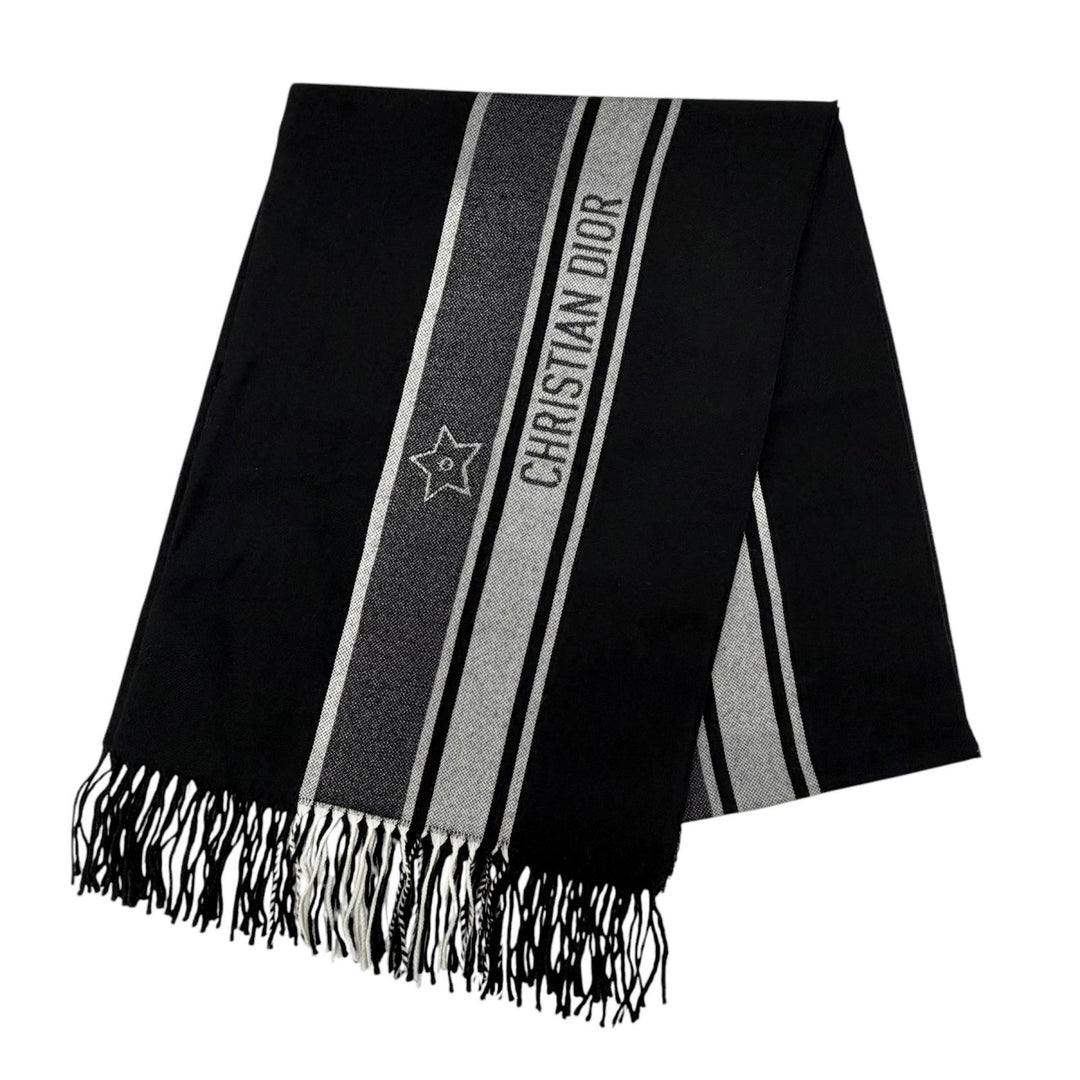 Excellent DIOR Scarf Fringed logo black wool Women 84DIS300A100