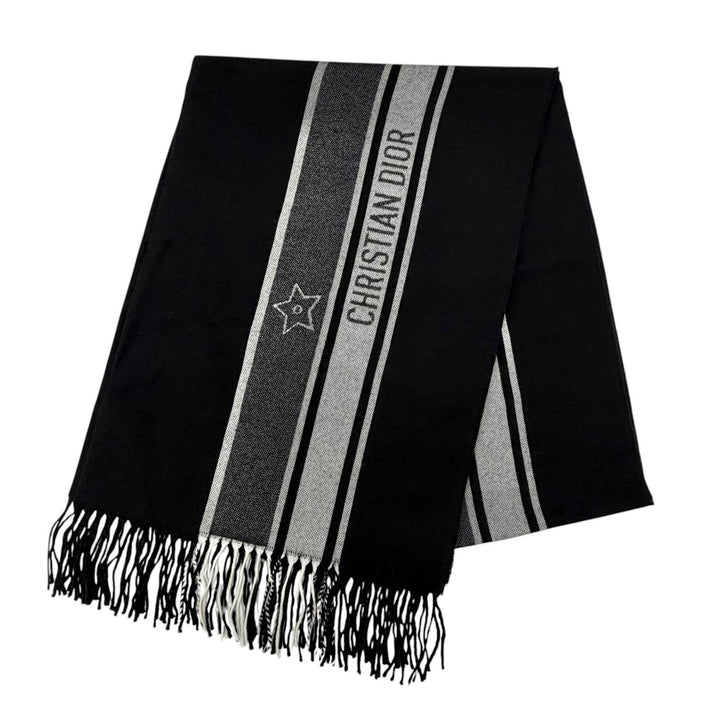Excellent DIOR Scarf Fringed logo black wool Women 84DIS300A100