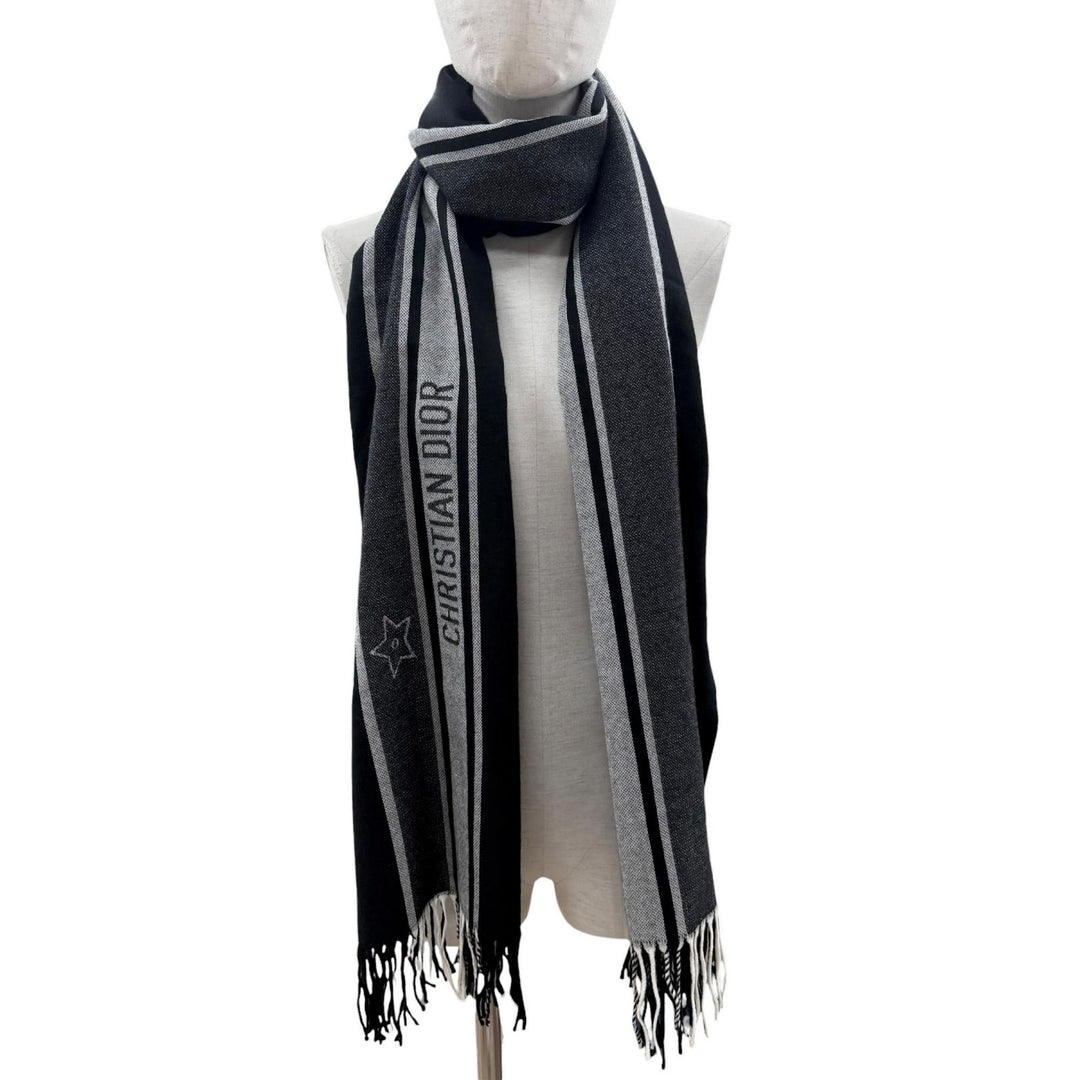 Excellent DIOR Scarf Fringed logo black wool Women 84DIS300A100