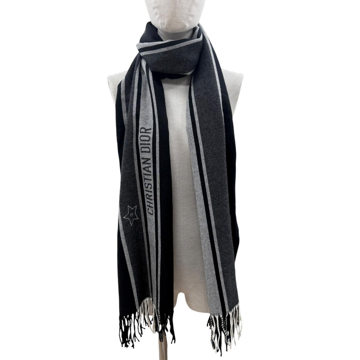 Excellent DIOR Scarf Fringed logo black wool Women 84DIS300A100