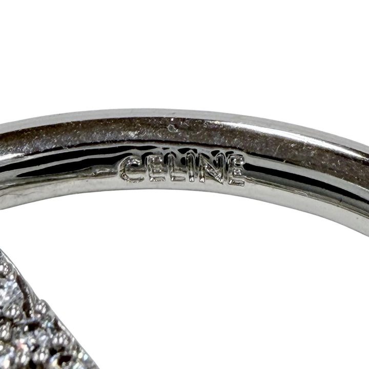 Great CELINE Pierce Logo Rhinestone Monochrome Strass Hoop Silver STT3273