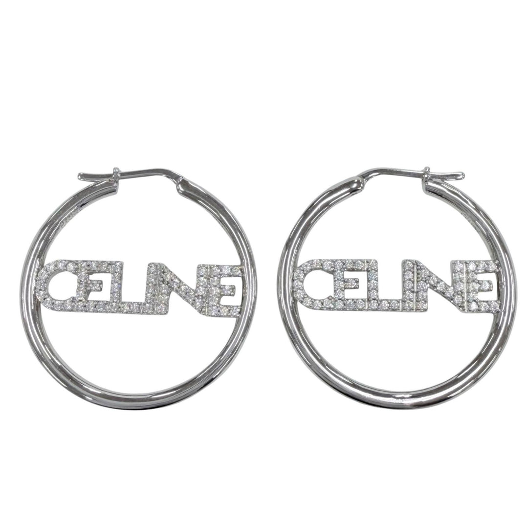 Great CELINE Pierce Logo Rhinestone Monochrome Strass Hoop Silver STT3273