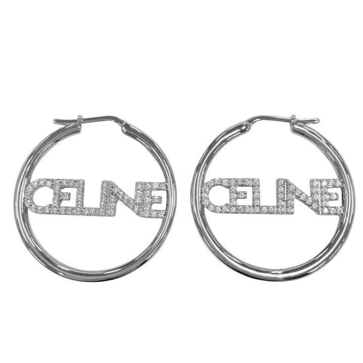 Great CELINE Pierce Logo Rhinestone Monochrome Strass Hoop Silver STT3273
