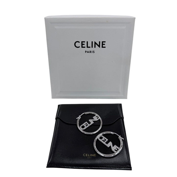 Great CELINE Pierce Logo Rhinestone Monochrome Strass Hoop Silver STT3273